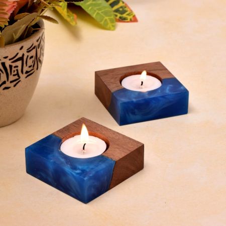 Wooden T-Lite Holder With Blue Resin Effect - 2 Piece